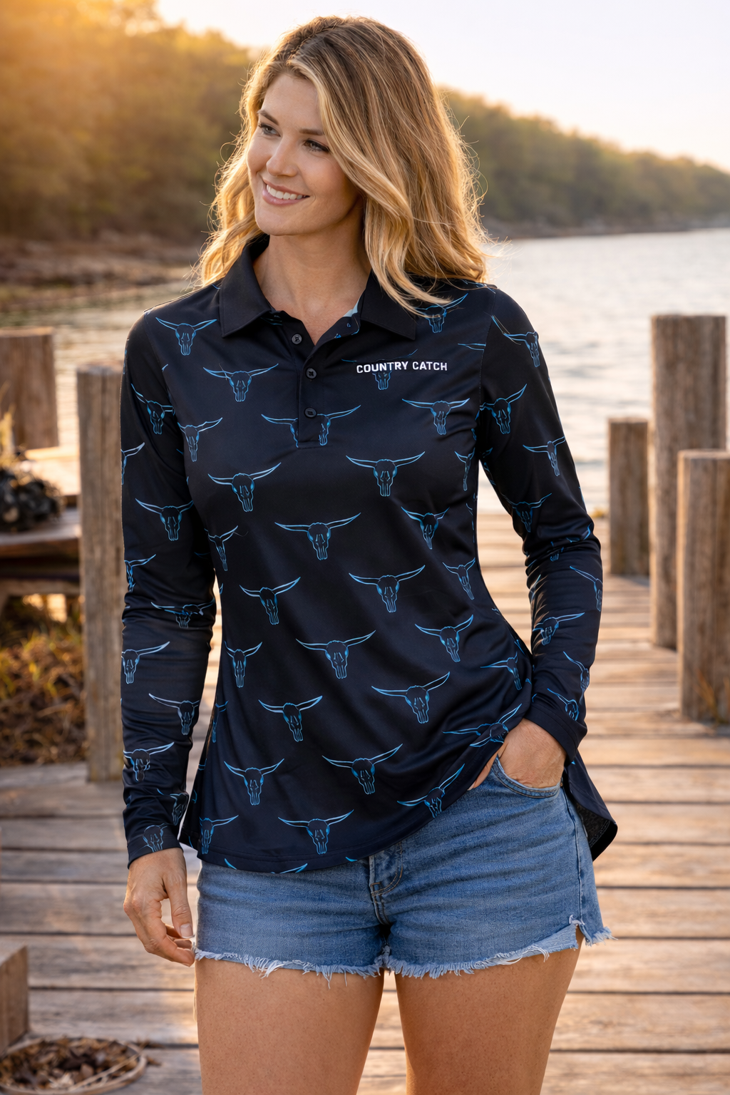 Womens fishing shirt            teal bullhorns